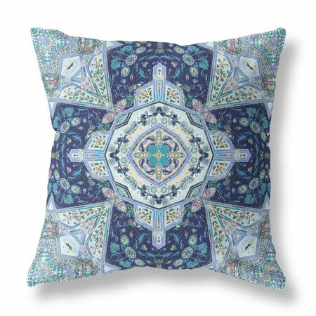 PALACEDESIGNS 20 in. Floral Geo Indoor Outdoor Zippered Throw Pillow Indigo & Light Blue PA3105795